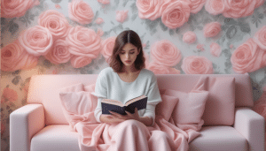A woman with shoulder-length brown hair is seated on a light pink sofa, reading a book about women's coaching. She is surrounded by pink cushions and a pink blanket. The background features a wall adorned with large, pink rose designs.
