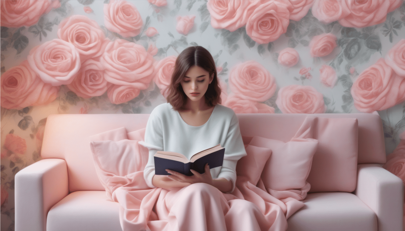 A woman with shoulder-length brown hair is seated on a light pink sofa, reading a book about women's coaching. She is surrounded by pink cushions and a pink blanket. The background features a wall adorned with large, pink rose designs.