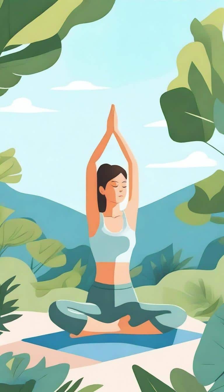 Illustration of a person sitting cross-legged on a yoga mat outdoors, surrounded by greenery. The person has arms raised above their head, palms together, and eyes closed, appearing to meditate. Emphasizing the importance of boundaries in wellness coaching, the background features mountains and a partly cloudy sky.