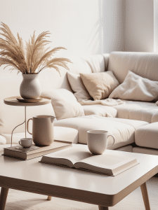 A cozy, light-colored living room with a beige sectional sofa adorned with pillows sets the stage for personal development. A light wooden coffee table holds an open book, a mug, a jug, and a small cup. Nearby, a vase with tall, fluffy pampas grass sits on a two-tier tray on the table. The room is well-lit.