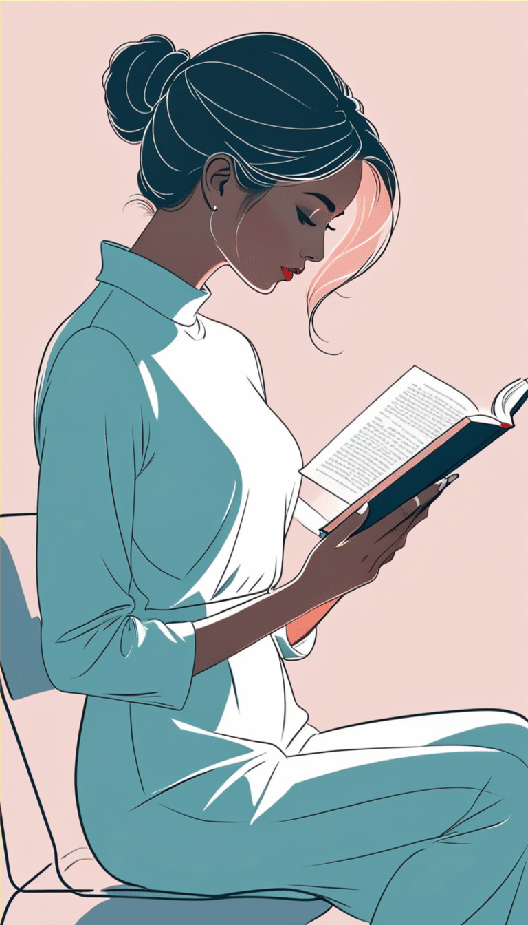 An illustration of a woman with dark hair in a bun, wearing a high-neck light-colored top, sitting on a chair and reading a book. She has a calm expression and a slightly pinkish hue on her cheeks. The background is pale pink, evoking themes of personal development and setting boundaries.