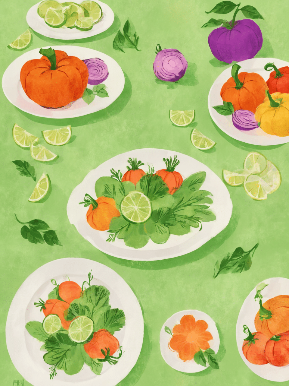 A drawing of plates with various vegetables, including tomatoes, carrots, lime slices, and leafy greens. Some vegetables like onions and tomatoes are also placed directly on the green background, illustrating the importance of boundaries in a harmonious arrangement.