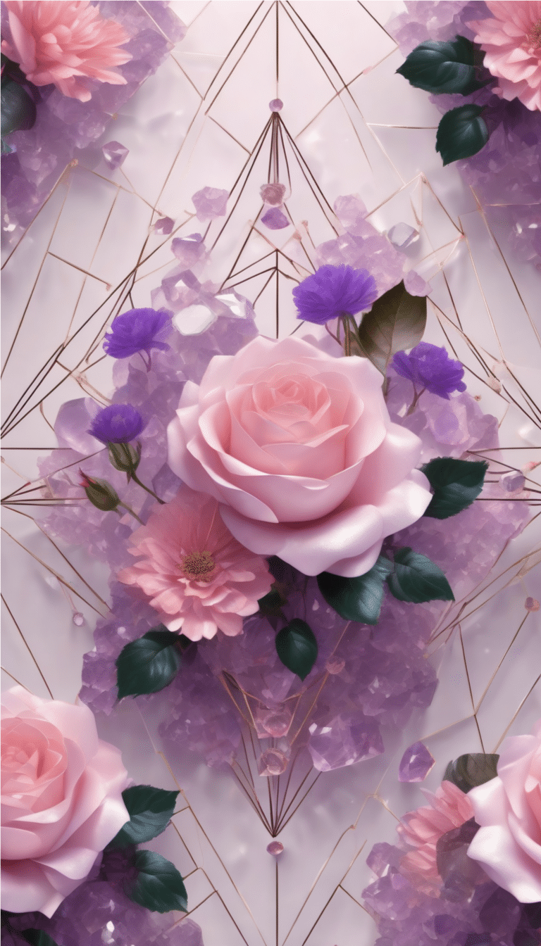 A detailed illustration features pink roses and purple flowers surrounded by green leaves. The flowers are intertwined with geometric gold lines and set against a background of purple crystal formations on a white surface, evoking a sense of personal development and growth.