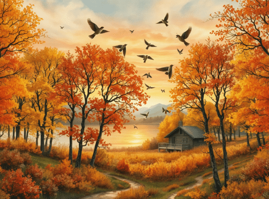 A serene autumn scene depicts a small wooden cabin surrounded by vibrant orange and yellow trees. A flock of birds flies across the sky, while a dirt path meanders through the landscape towards a calm lake under a warm, golden sunset, symbolizing nature's way of building resilience.