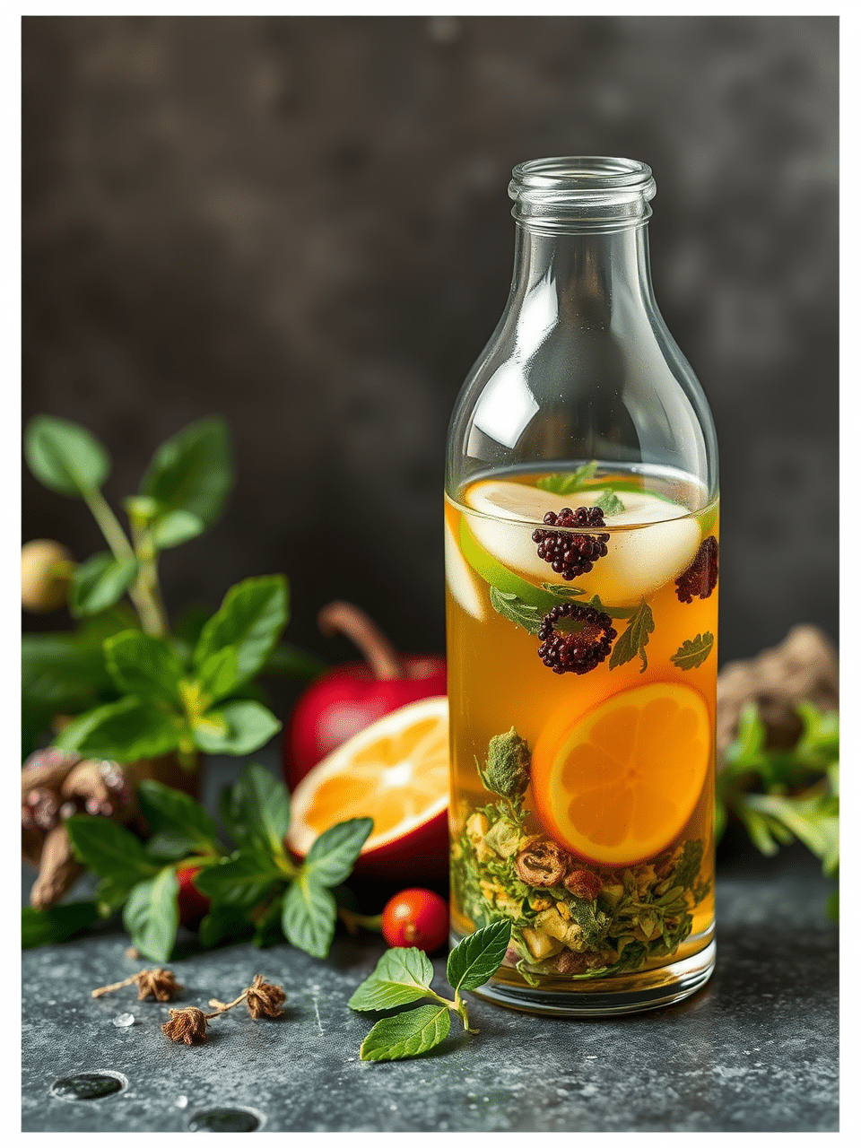 A glass bottle filled with a beverage that includes ice, orange slices, and dark berries. The bottle is surrounded by fresh herbs, a sliced orange, a red apple, and star anise on a dark textured surface. This delightful setting evokes the essence of redefining boundaries through women's coaching magic.