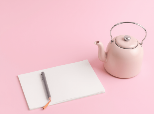 A pink teapot sits on a pink surface next to a stack of blank white paper and a gray pen with an orange tip—perfect tools for any coach for women or anyone looking to empower themselves through change. These are ideal props for practicing "Empower Yourself Through Change: 3 Hands-On Self-Coaching Techniques for Women in Transition. coach