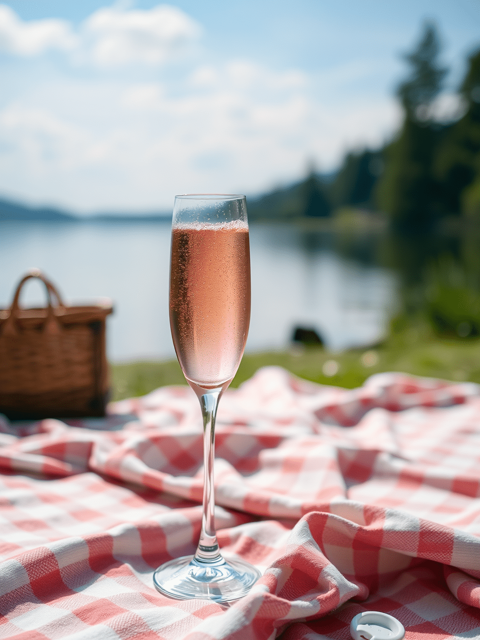 A glass of rosé champagne sits on a red and white checkered picnic blanket near a lake. In the background, there's a wicker picnic basket and a view of trees and calm water under a partly cloudy sky, symbolizing the peaceful boundaries we embrace during personal development journeys.