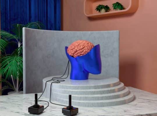 In a vivid display, a blue mannequin head with an exposed brain takes center stage on a marble pedestal. Serving as a coach for women seeking inspiration, this unique piece has two vintage joysticks connected to the brain with cables, symbolizing control and guidance. The scene is set against a captivating background featuring a blue curtain, complemented by a pink wall adorned with tropical plants and accompanied by a peach shelf holding small plants. coach
