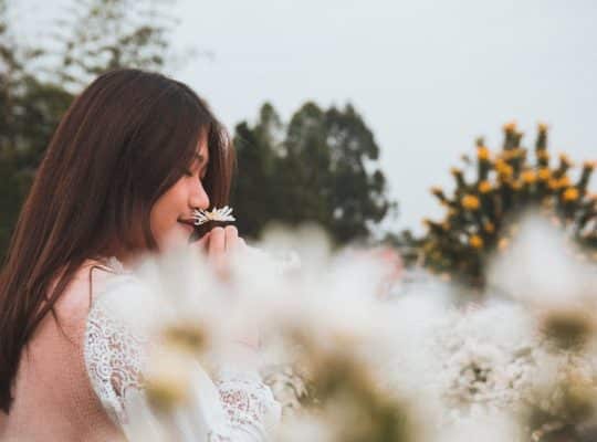 A woman with long brown hair, who is a coach for women, stands outdoors in a field of white flowers, holding and smelling a daisy. Behind her, trees with green and yellow foliage create a beautiful backdrop beneath the cloudy sky. coach