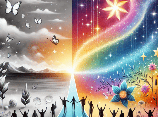 A group of people, guided by a coach for women, stand on a path splitting two worlds: one side is black-and-white with barren land and butterflies, while the other side is colorful, filled with flowers, stars, and swirling light. The people face both sides of the path—some holding hands—as they consider the journey ahead. coach