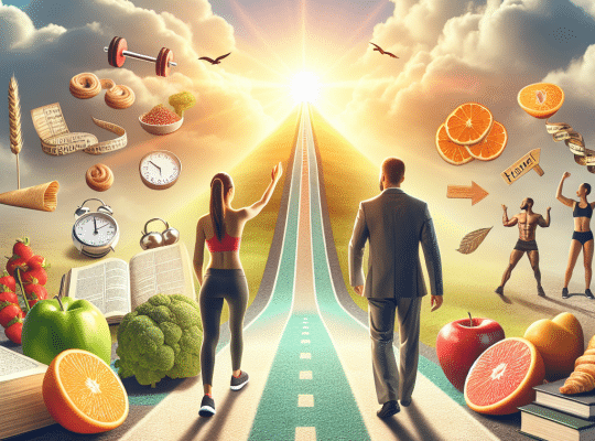 A coach for women, dressed in athletic wear, walks side by side with a man in a suit on a road leading toward a bright horizon. They are surrounded by symbols of health, nutrition, exercise, books, clocks, and food items under a dramatic sky. coach