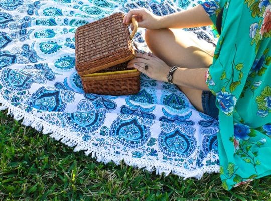 A coach for women is sitting on a blue and white patterned blanket laid out on the grass, opening a small woven picnic basket. She is wearing denim shorts and a green floral top. coach