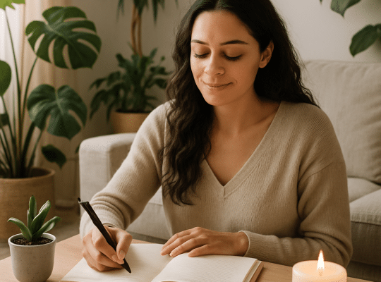 A woman, a coach for women, sits at a table writing in a notebook. On the table are two lit candles, a small potted plant, and some smooth stones. She is in a cozy room with a sofa and large leafy plants in the background. coach