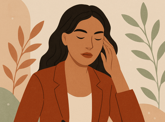 Coach for women: Illustration of a woman with long dark hair, wearing a rust-colored blazer, sitting at a table and writing. The background features abstract plant shapes, highlighting her journey guided by a coach for women. Text above reads, "Conscious Manifestation" lifestyle-lines.com. coach
