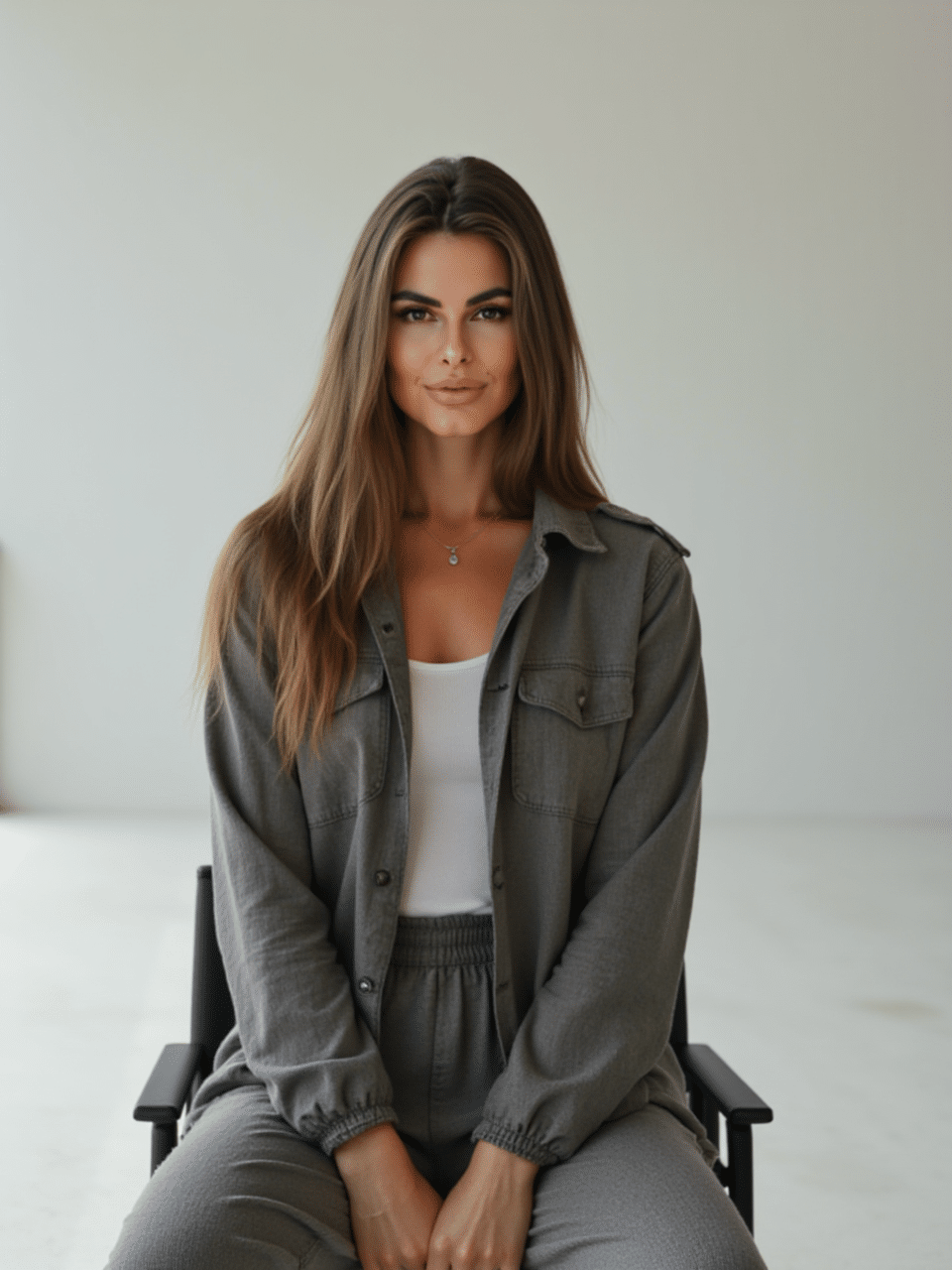 A coach for women with long brown hair sits in a bright, minimalist room, wearing a gray shirt and pants, looking at the camera. coach