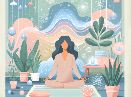 A coach for women sits cross-legged on a mat in a decoratively styled room with plants and pastel wave designs, evoking calm. coach