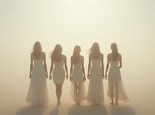 Five women in white dresses, like a coach for women, walk barefoot away through a foggy, sunlit scene with ethereal light. coach