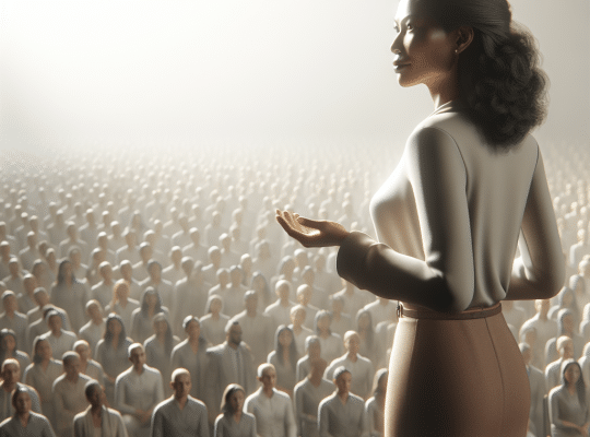 A coach for women stands on stage addressing a large audience, gesturing as listeners watch her attentively in a bright, spacious room. coach