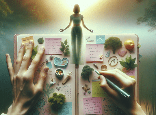 A coach for women journals with colorful notes, small plants, and objects as a glowing woman meditates cross-legged in sunlight. coach