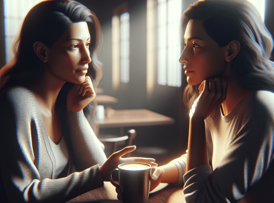 A coach for women chats with another woman across a café table, sunlight streaming in as one holds a mug in the cozy setting. coach