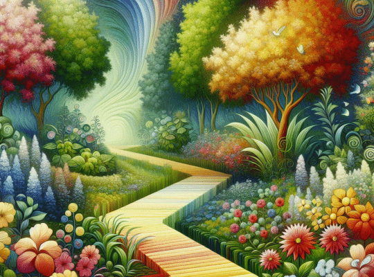 A colorful, surreal landscape like a coach for women’s retreat, with vibrant gardens and trees under a swirling, multicolored sky. coach