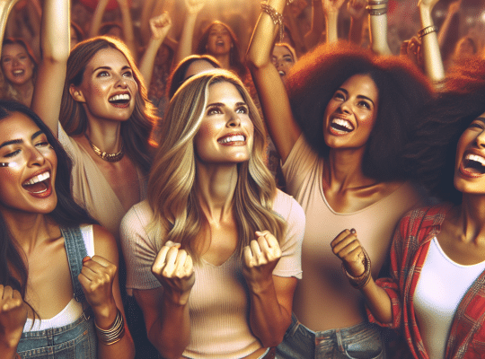 A group of women, inspired by a coach for women, stand close together at an outdoor event, cheering and smiling with fists raised. coach