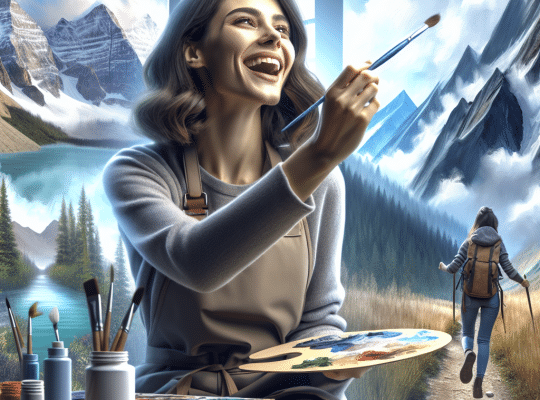 A coach for women, in an apron, paints a mountain scene inside as another hiker heads outdoors, art supplies and nature around them. coach