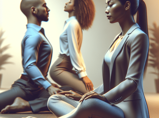 A coach for women leads three people in business attire, barefoot on a wooden floor in yoga poses, calm, with plants blurred behind. coach