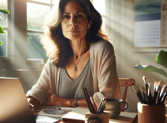 A coach for women with long, wavy hair sits at a desk with a laptop and art supplies, looking directly at the camera. coach