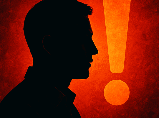 A silhouette of a trainer for women in profile faces a large orange exclamation mark on a textured red background. coach