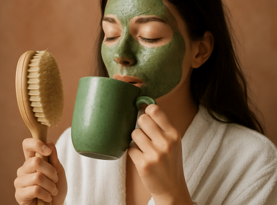 A coach for women in a white dressing gown and green face mask holds a green mug and dry body brush, eyes closed, long dark hair. coach