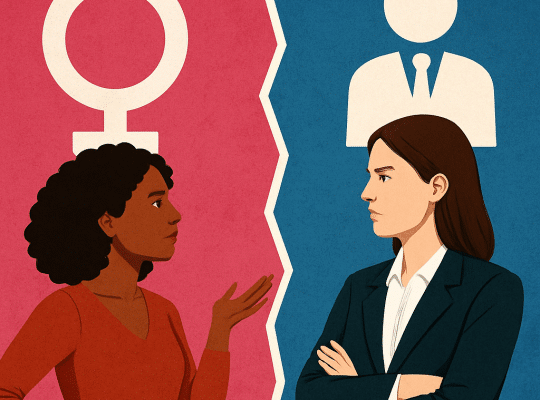Two women face off on a pink and blue split background, symbols behind them, suggesting coach for women and gender roles at work. coach
