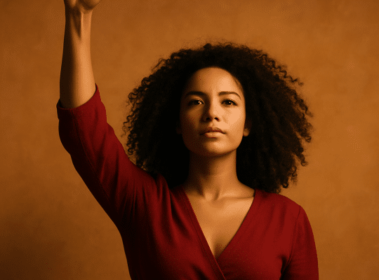 A coach for women with curly hair, in a red top, stands against a brown background raising her right fist with a serious expression. coach