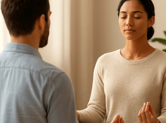 A man and a woman, possibly a coach for women, sit cross-legged indoors meditating together, eyes closed and hands in gesture. coach