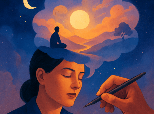 A hand draws a calm woman with closed eyes, representing a coach for women; a thought bubble shows sunset meditation, night sky behind. coach