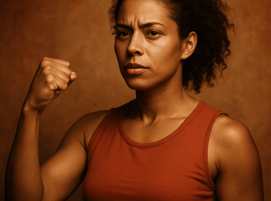 A coach for women in a sleeveless rust-coloured shirt stands against a brown background, raising her clenched fist determinedly. coach