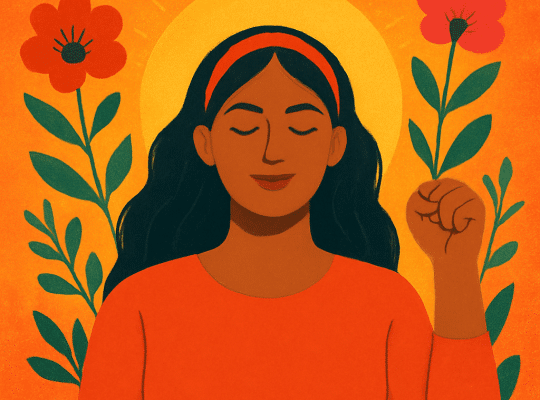 An illustrated coach for women with medium skin and long black hair raises her fist, eyes closed, amid two large flowers and an orange background. coach