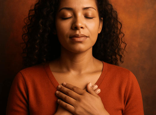 A coach for women with curly hair closes her eyes and rests both hands on her chest, wearing an orange jumper. coach