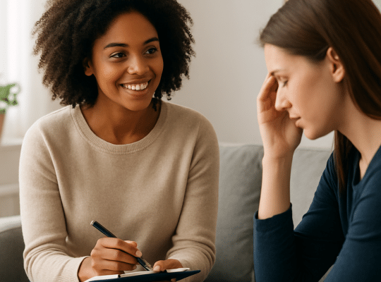 A coach for women with a clipboard smiles at a distressed woman beside her; they appear to be in a bright counselling session. coach