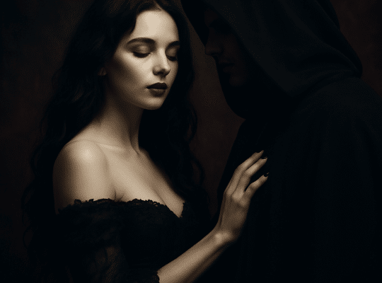 A coach for women in a black off-the-shoulder dress stands with her hand on the chest of a hooded, dark-robed figure; gothic mood. coach