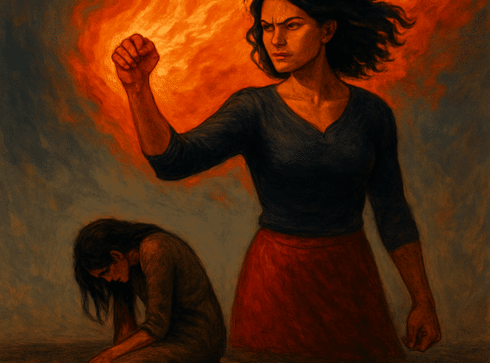 A coach for women stands with a raised fist and intense expression, appearing empowered as she embodies strength, whilst another woman sits on the ground nearby, looking distressed. A fiery background highlights the emotion of the standing coach. coach