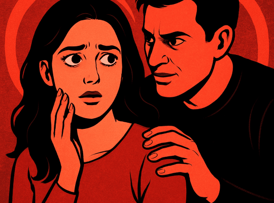 An illustration shows a worried woman with a hand on her cheek, while a coach for women stands behind her, touching her shoulder and looking at her intently. The background is red, creating a tense atmosphere. coach