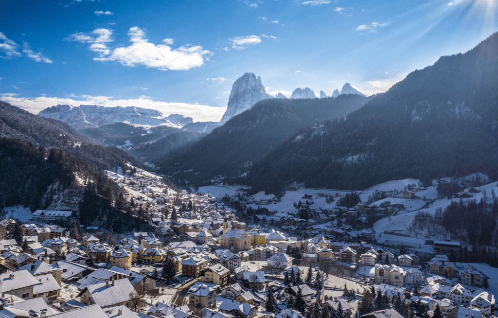 top view over a village in snow