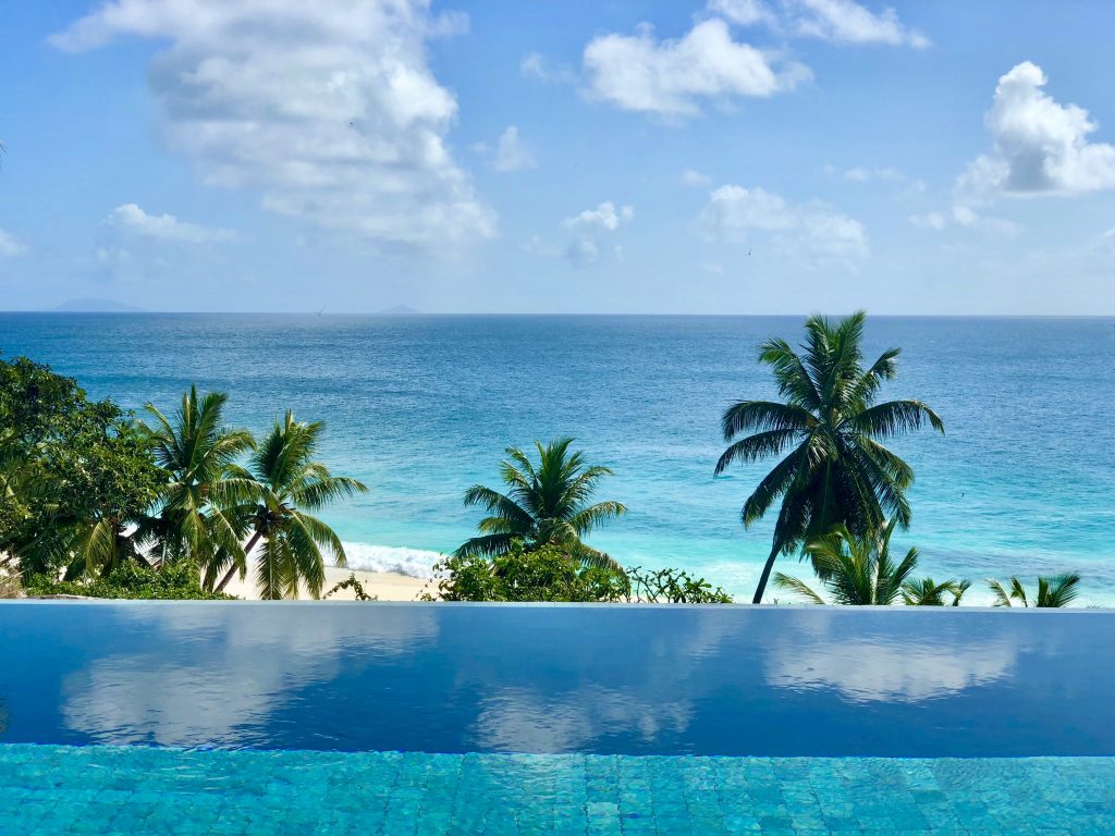 An infinity pool with view over the sea and palm trees on Fregate Island. Photo by Mihaela Limberea.