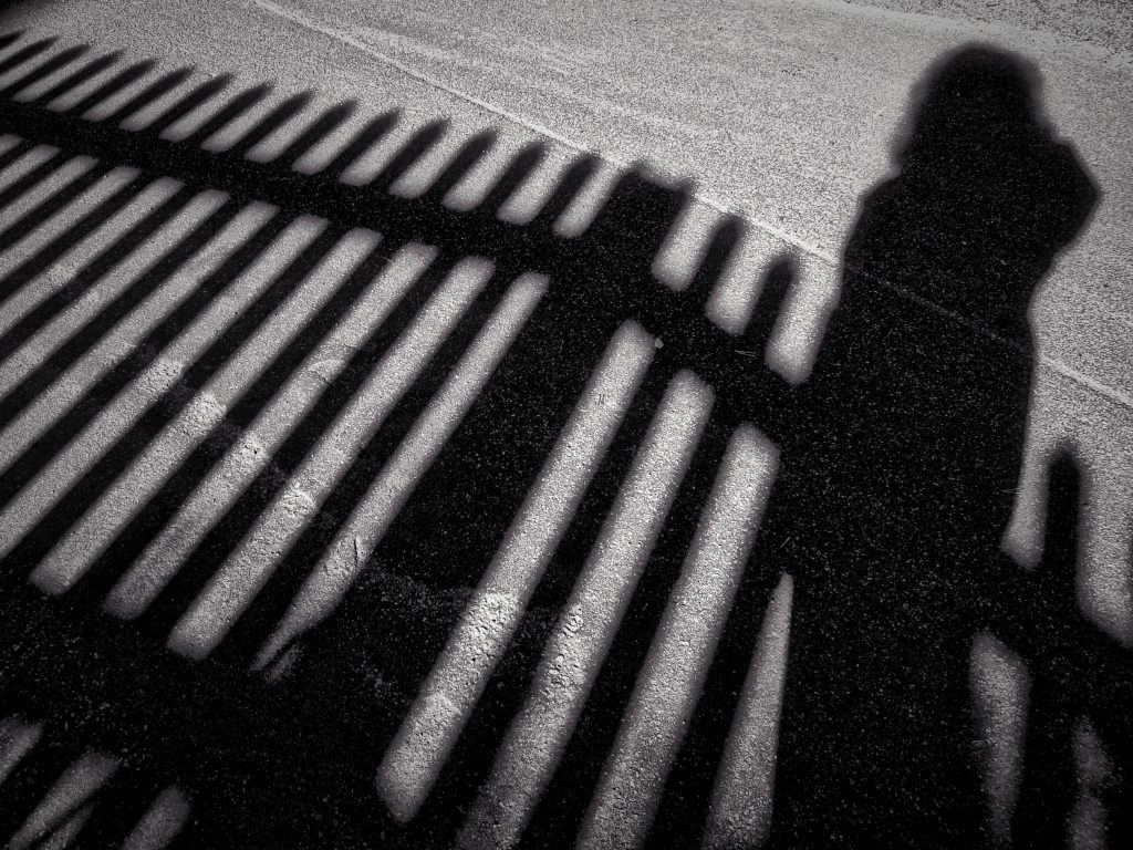 Black and white photo showing a human silhouette against a fence to illustrate the longest shadow of the year during the winter solstice. Photo by Mihaela Limberea.