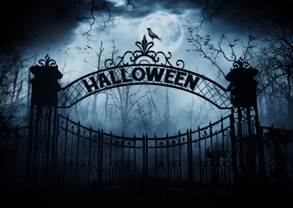 Dark Halloween photo of cemetery gates