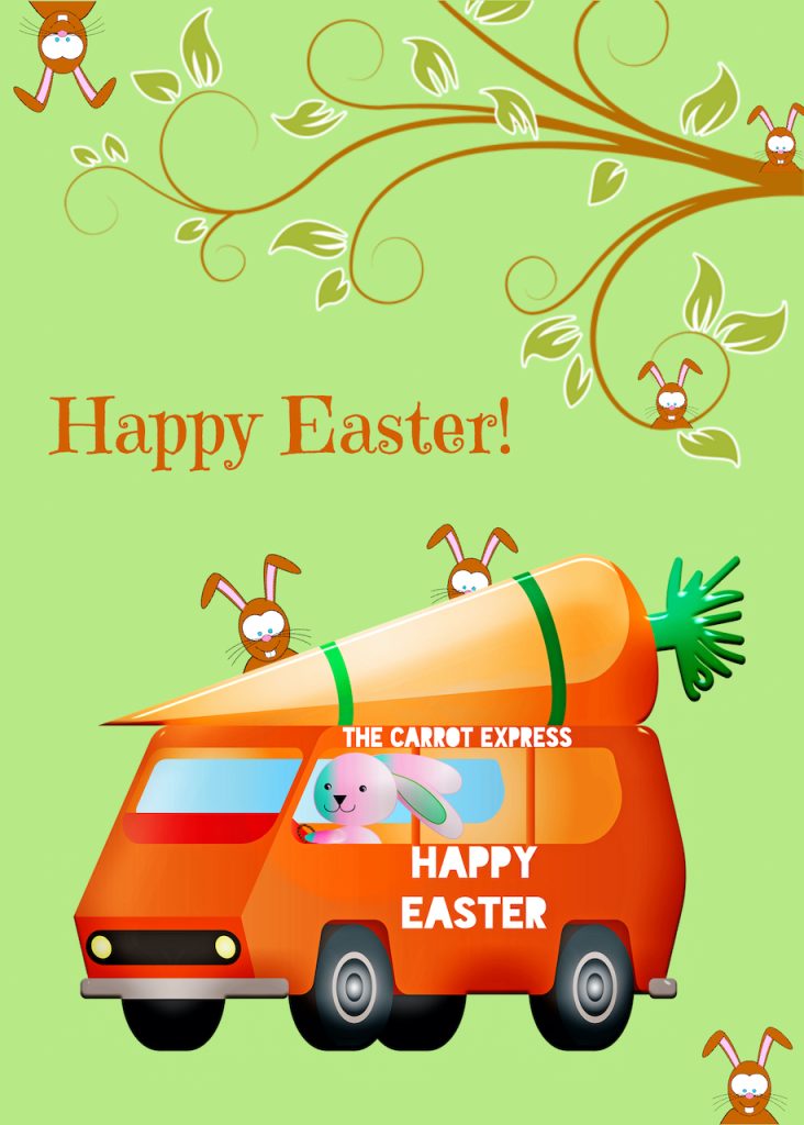 Easter card featuring the Carrot Express with a bunny driving a car loaded with carrots.