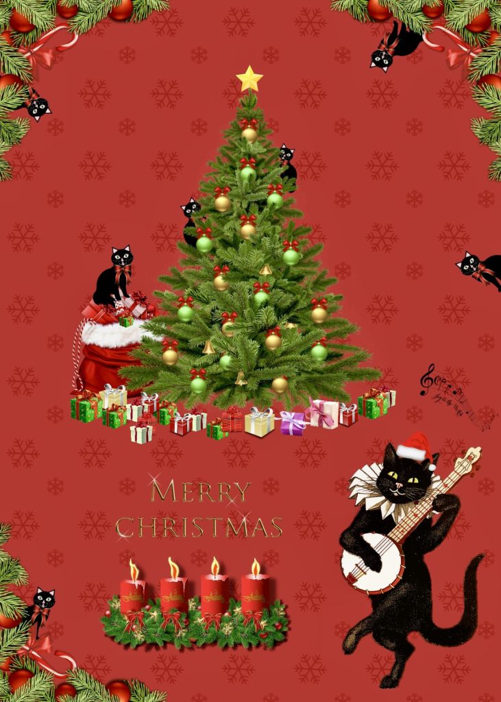 Christmas greeting card showing a Christmas tree and several black cats.