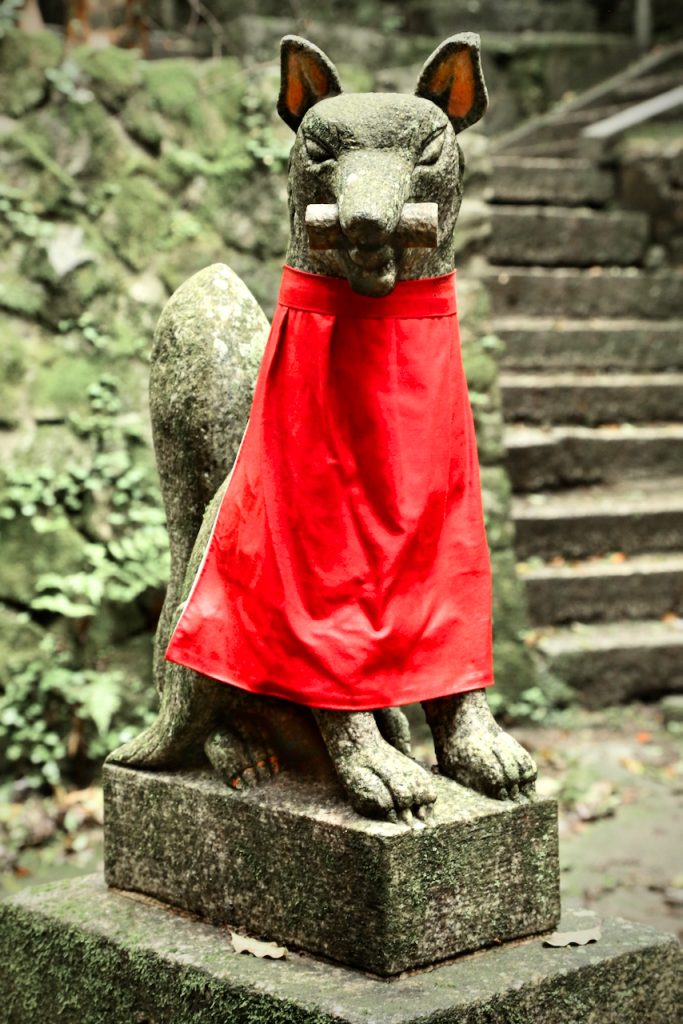 A gray fox statue s at the Fushimi Inari shrine in Kyoto, Japan.