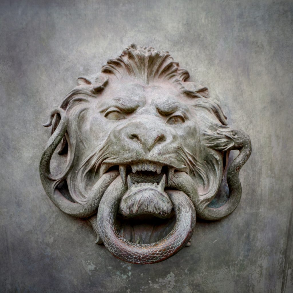 Close-up of a lion head door knocker in Paris